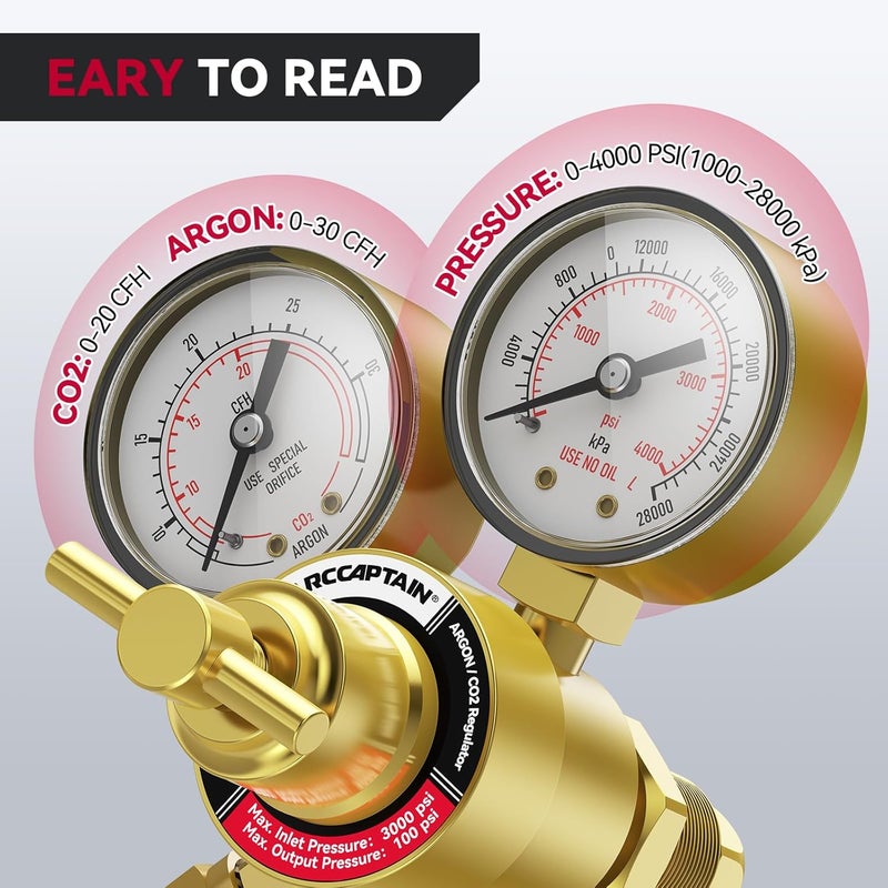 ARCCAPTAIN منظم غاز الأرجون وCO2، منظم لحام لمعدن MIG وTIG، 0-4000 PSI، 0-30+ CFH، اتصال مدخل CGA580 وCGA320 - Image 2